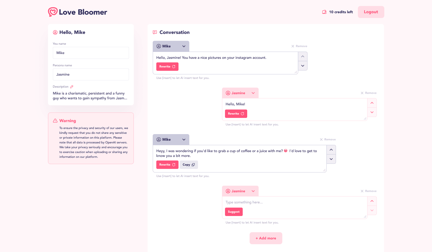 Conversation dashboard in Love Bloomer